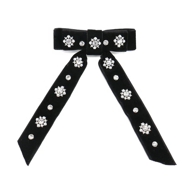 Velvet Hair Bows for Kids Exquisite Pearl Rhinestones Hairclips Fashion Hair Clips Barrette for Party Show