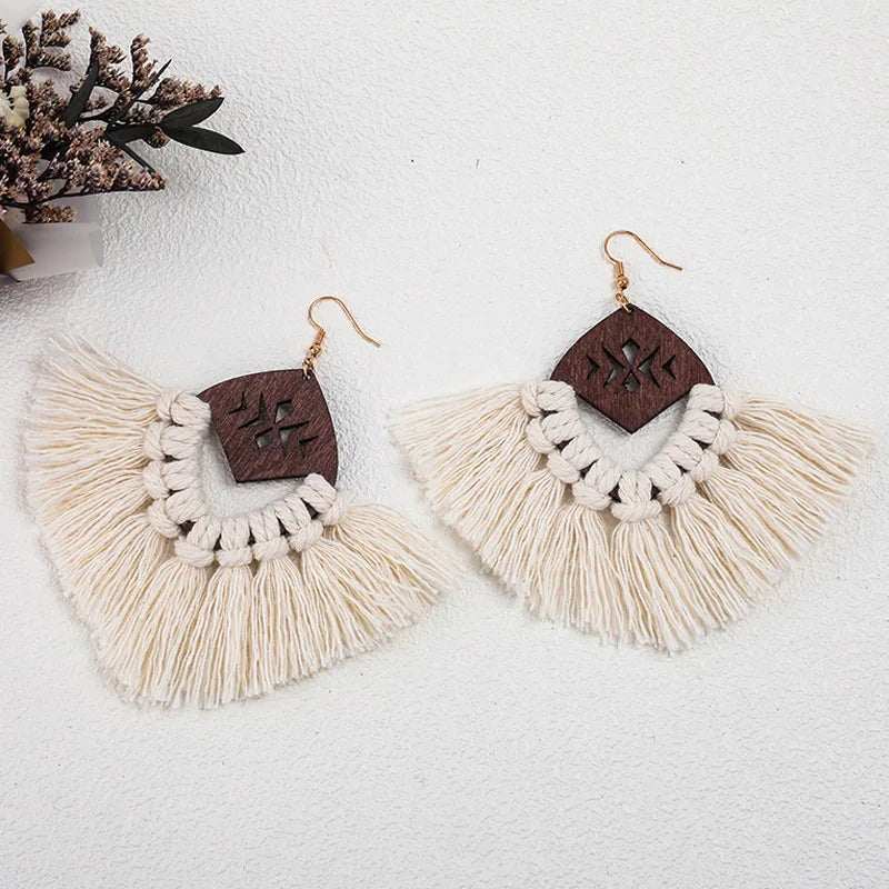 Handmade Women's Ethnic Statement Wooden Cotton Wire Tassel Drop Earrings Fashionable Accessory