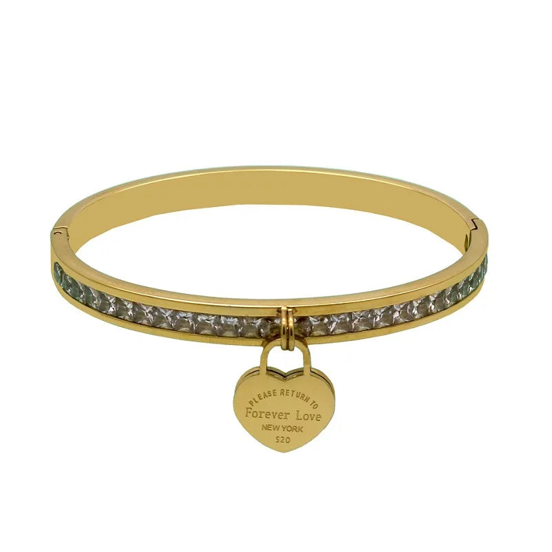 2022 New Design square Shaped Zircon Women Bracelet Stainless Steel love Forever 520 Heart Lock Cuff Bangle