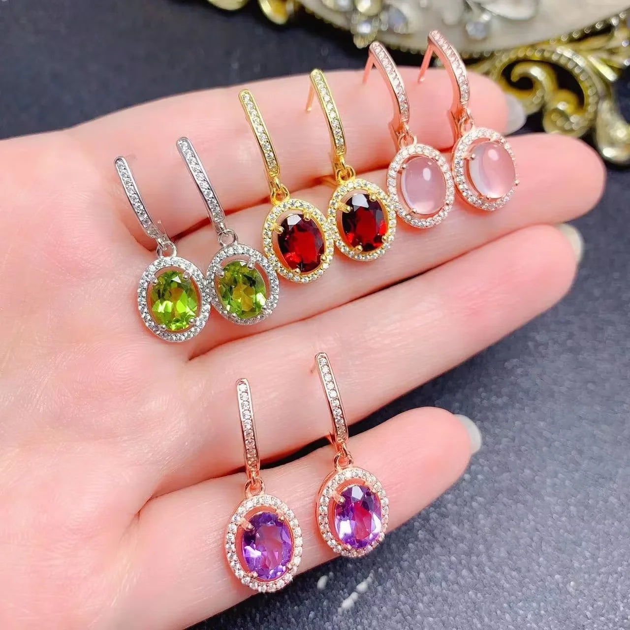 Wholesale 925 Sterling Silver Natural Gemstone Crystal Zirconia Drop Earrings New Design with Gold Plating Low MOQ