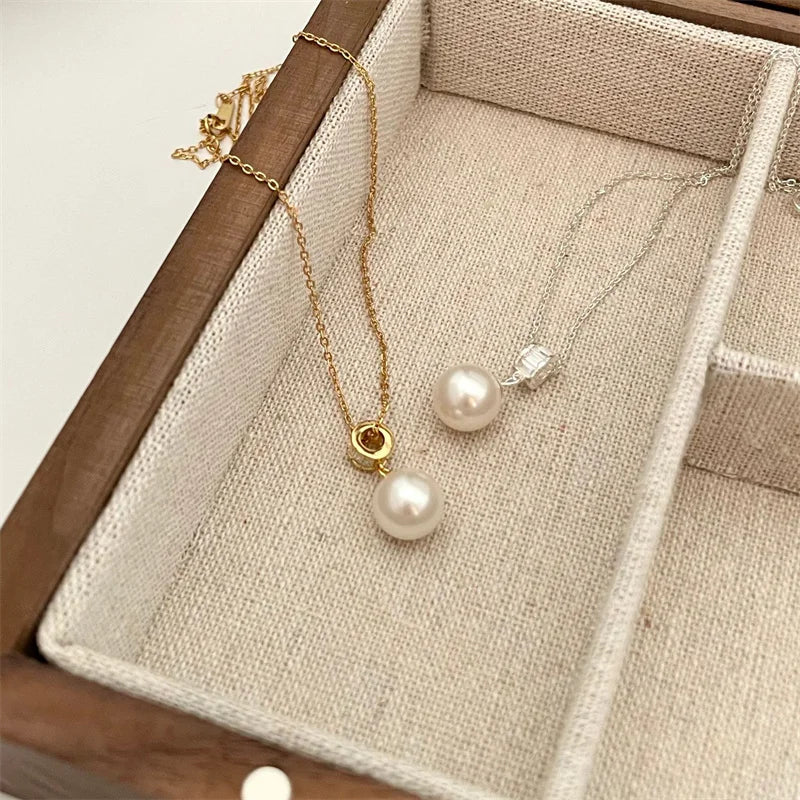 Chic Design 925 Sterling Silver 18k Gold Plated Single Pearl Pendant Necklace