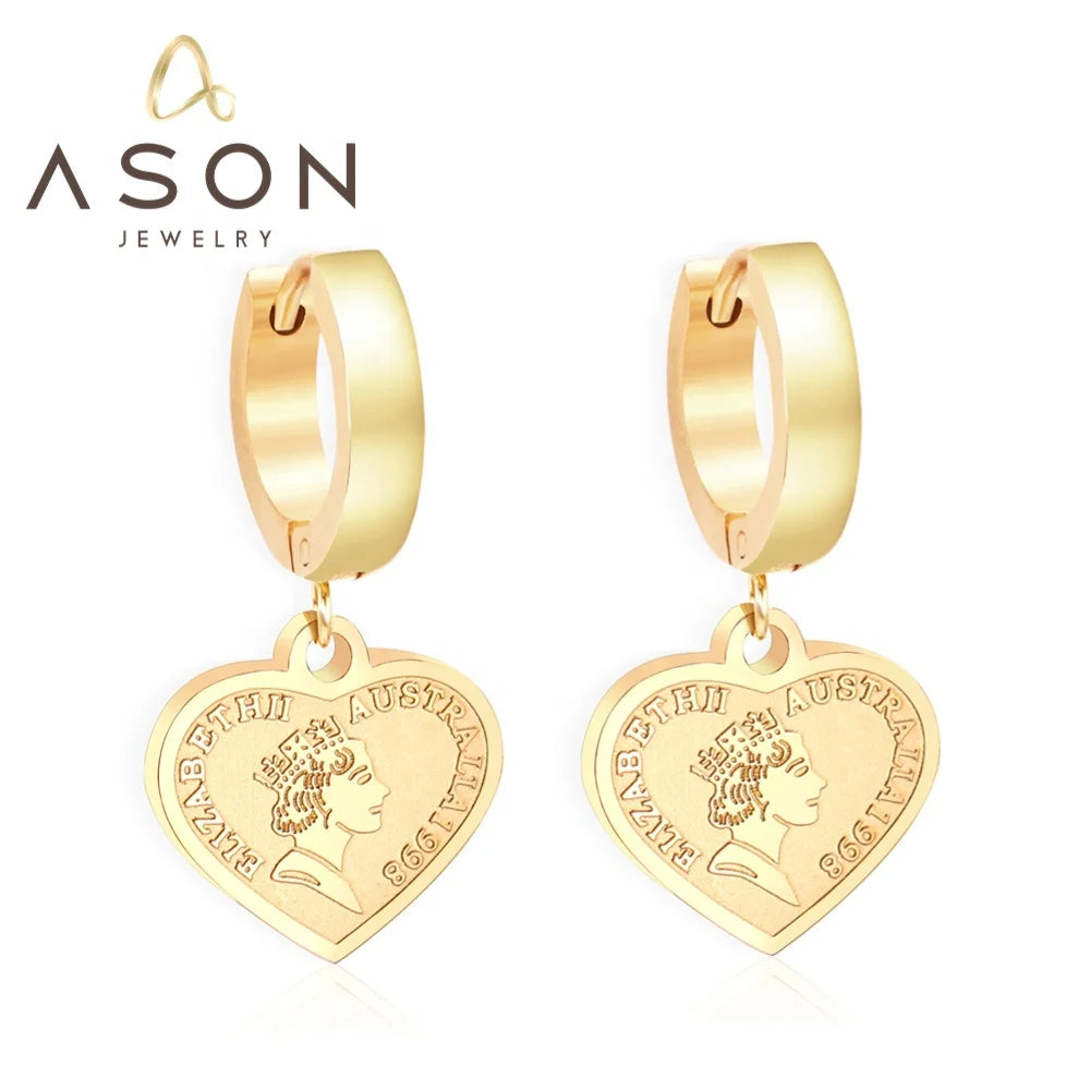 Ason Jewelry Stainless Steel 14K Gold Plated Hoop Earrings Vintage Heart Portrait Pendant Earrings