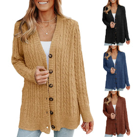 Winter Women Medium Length Knitted Cardigan Sweater Long Sleeve Knit Sweater