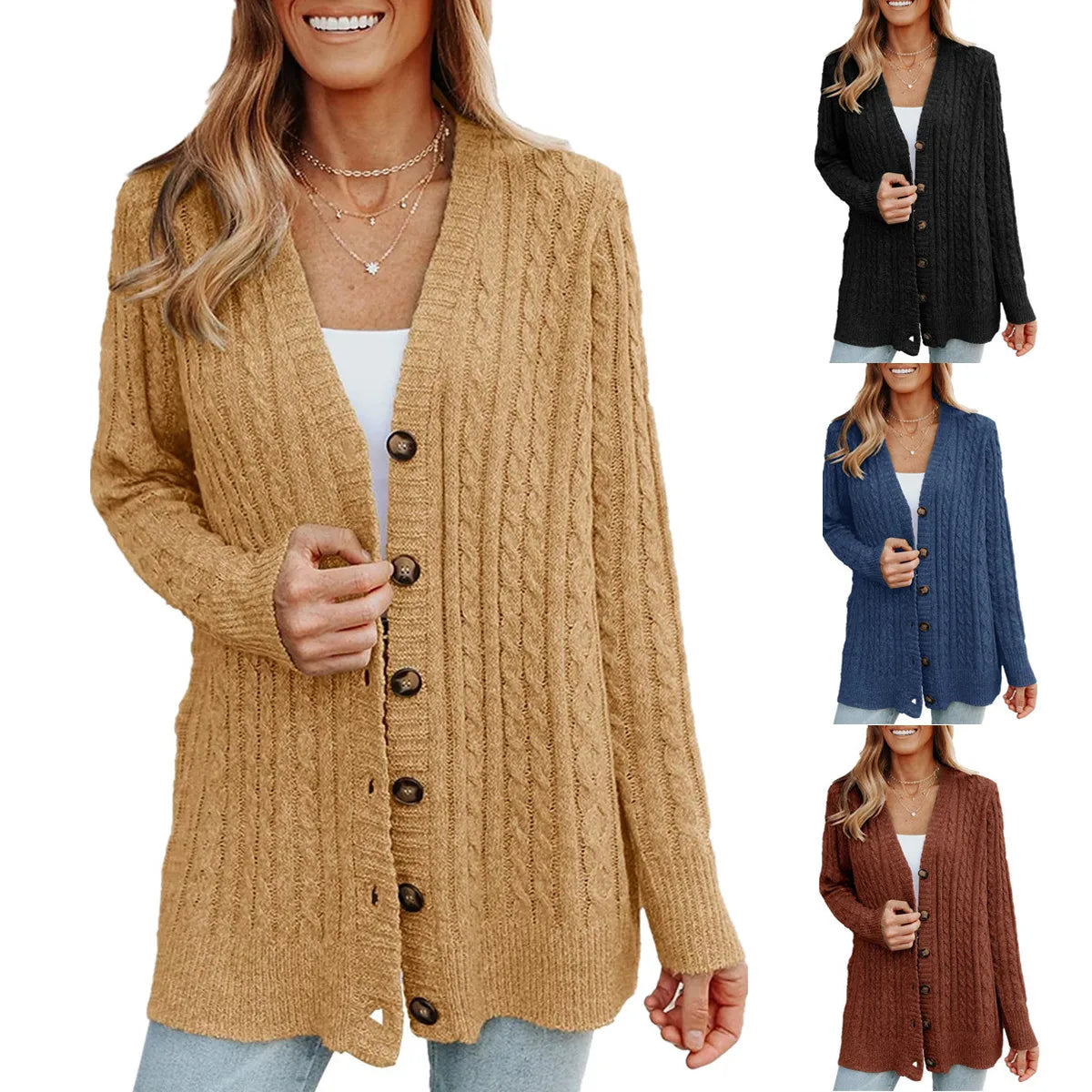 Winter Women Medium Length Knitted Cardigan Sweater Long Sleeve Knit Sweater
