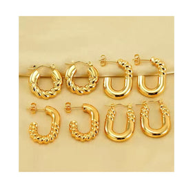 18K Gold Titanium Steel Earrings Fashion Spiral Geometric Chunky Earrings Jewelry C Shaped Hoop Earrings for Women
