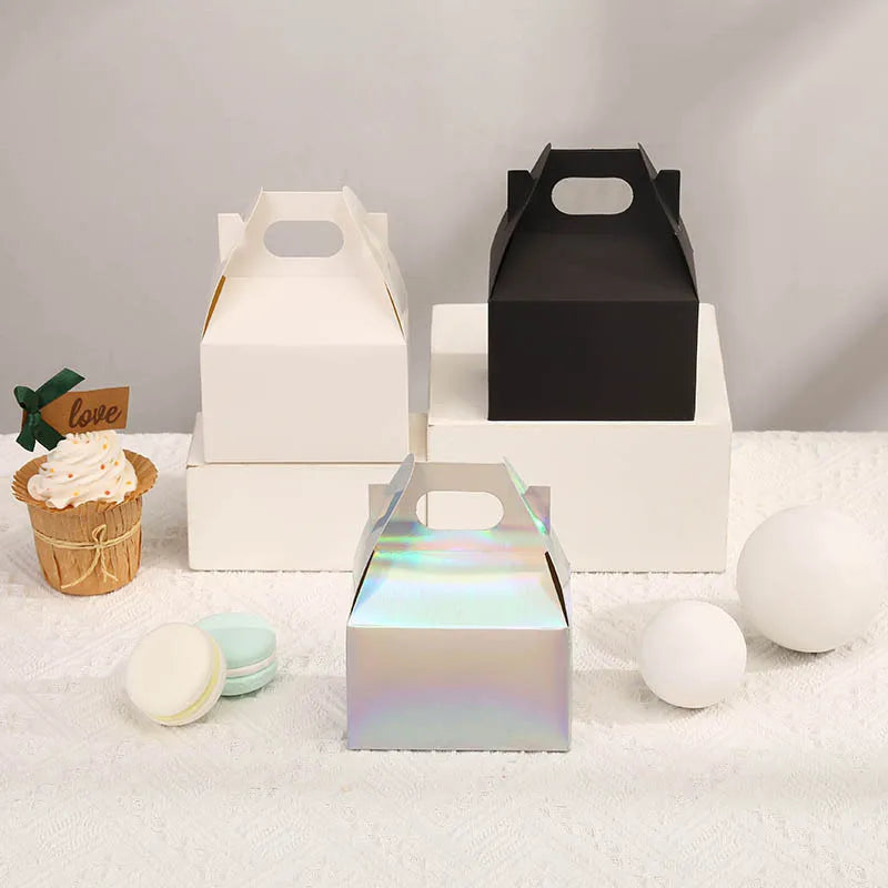 Custom Food Grade Disposable Holographic Kraft Paper Cake Box Bakery Food Packaging Box With Handle