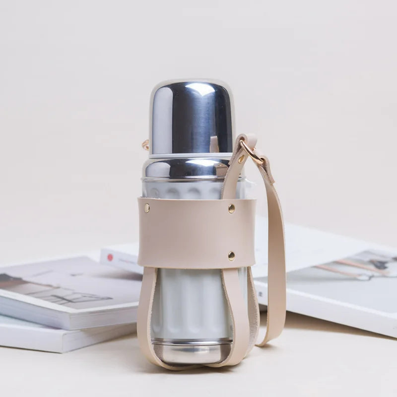 Retro Japanese Style PU Leather Cup Sleeve Portable Water Bottle Holder 500ML Cup Holder for Thermos