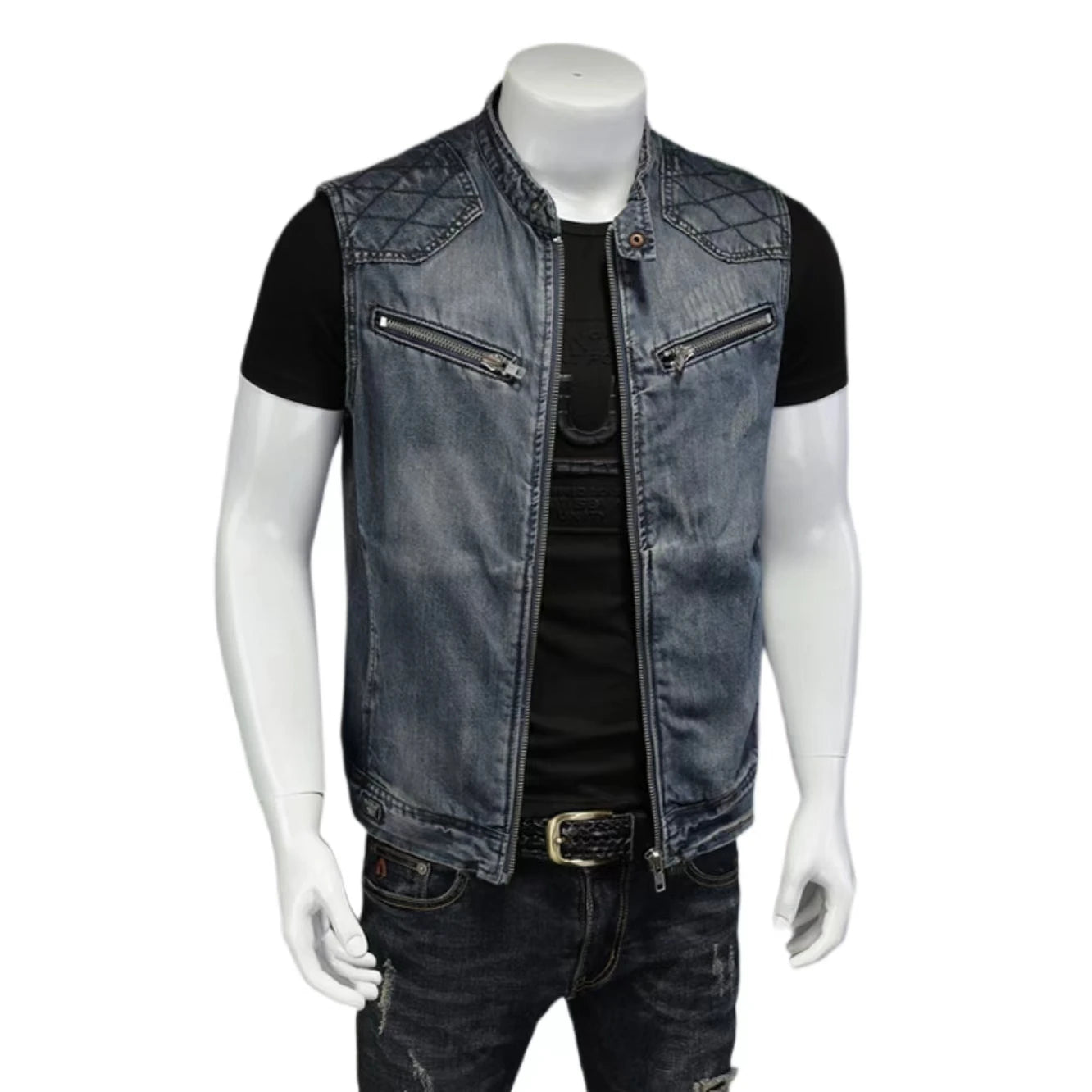 Wholesale Men's Plus Size Knitted Denim Vest Zipper Streetwear Personality Stand Collar Breathable Eco-Friendly Chinese Style