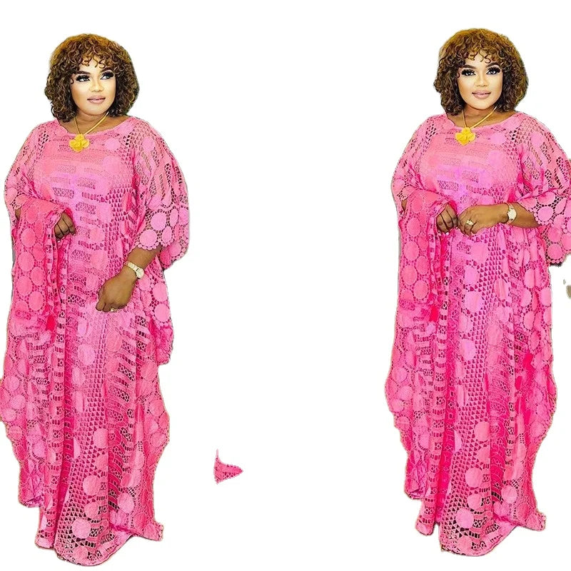 2024 African Modest Fashion 2 Piece White Dress Set Lace Dresses With Inner Robe for Women K0284