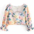 OEM Fashion Flower Printed Chiffon Blouse V Neck Flared Sleeve Lace-up Hollow Out Tops Casual Elastic Waist Zipper Shirt
