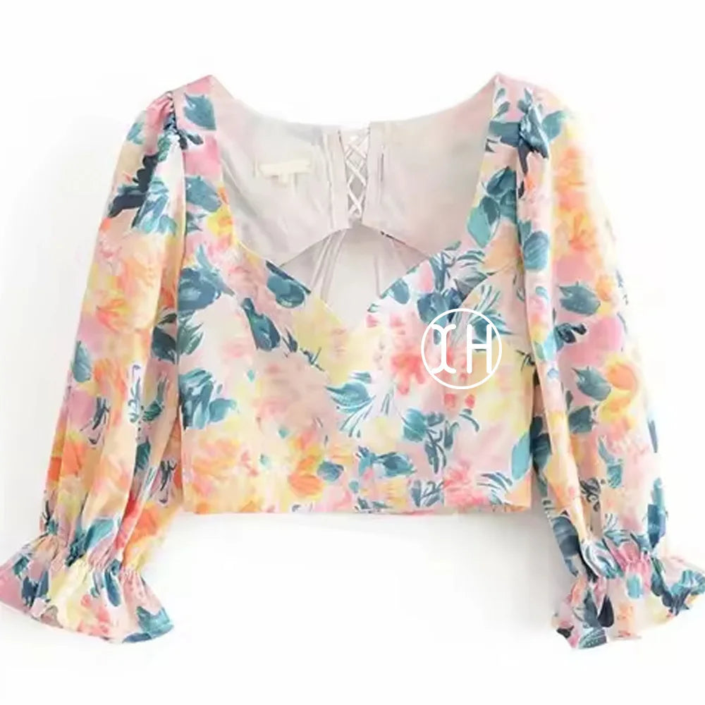 OEM Fashion Flower Printed Chiffon Blouse V Neck Flared Sleeve Lace-up Hollow Out Tops Casual Elastic Waist Zipper Shirt