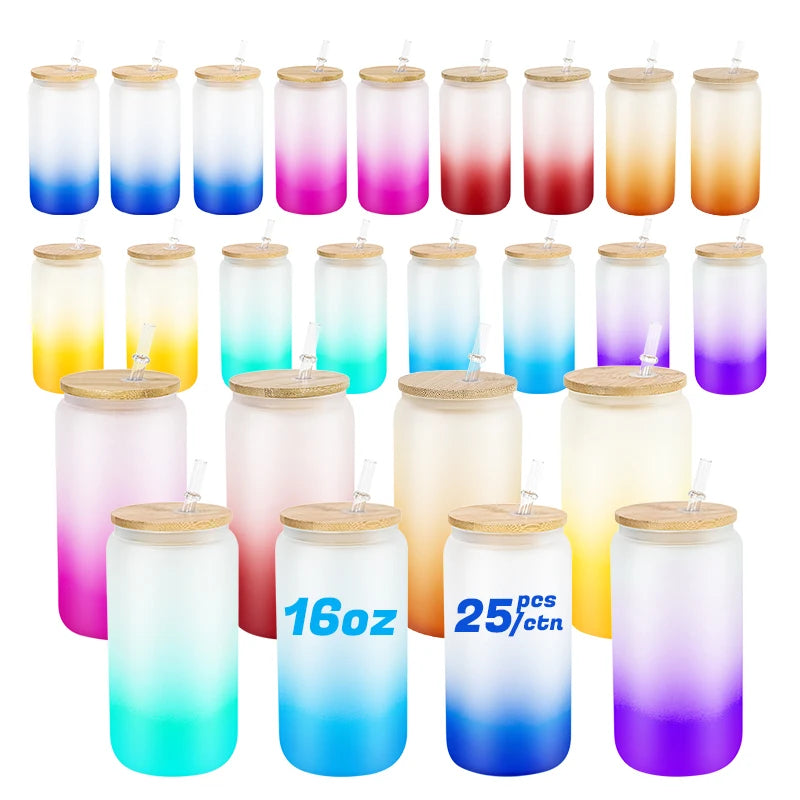 RTS USA Warehouse Stock 25pcs/ctn Free Shipping 8 Colors Mixed 16oz Sublimation Ombre Gradient Glass with Bamboo Lid