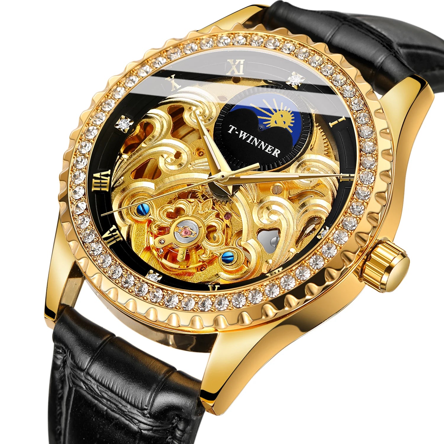 T-Winner New Arrival Luxury Genuine Leather Strap Automatic Mechanical Wrist Watches Custom Logo Moon Phase Men Watch