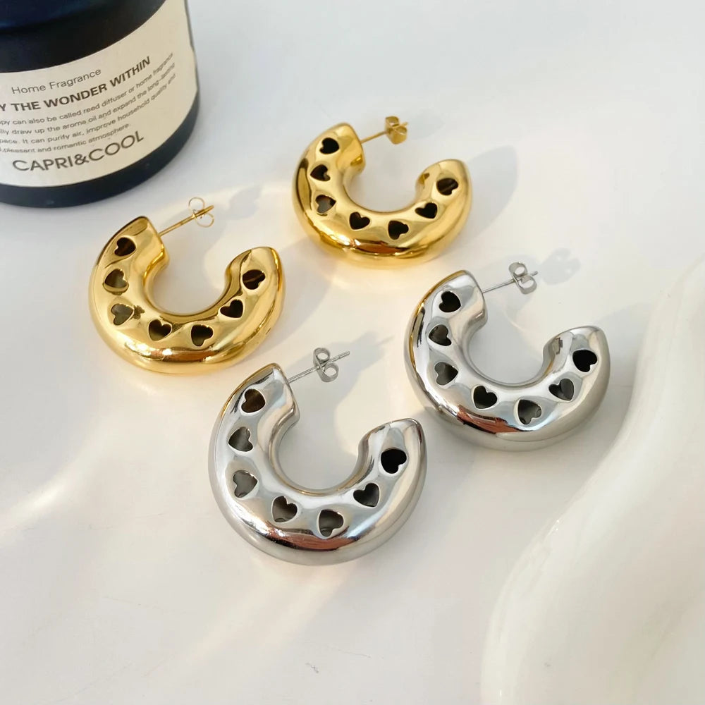 Geometric Joyas De Acero Inoxidable 18K Gold Stainless Steel Chubby C-shaped Heart-shaped Hollow Earring Jewelry for Women