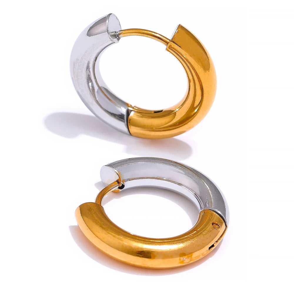 JINYOU 1148 Waterproof Stainless Steel Geometric Round Hoop Huggie Earrings Women Gold Silver Double Color Charm Fashion Jewelry