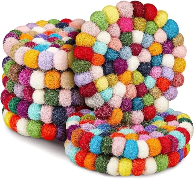 Colorful Felt Pads Round Square Set of 4 with Gift Box Naturally Dense Thick Durable Eco Friendly Felted Ball Wool Coasters
