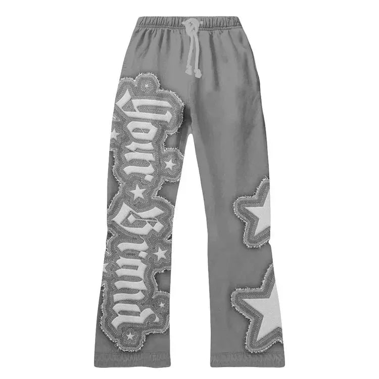 Custom Men's Midweight Cotton Flare Sweatpants Distressed Embroidered Logo Medium Wash Street Style Jogger High Elastic