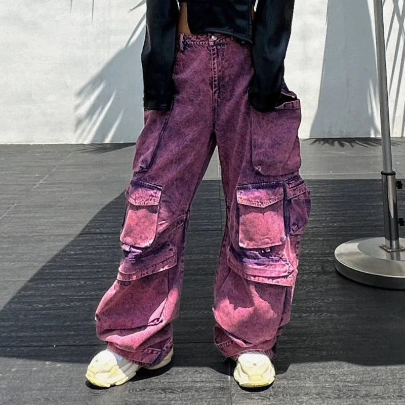 OUDINA American High Street Wide Leg Trouser With Large Pockets Trend Cargo Jeans Pants for Women