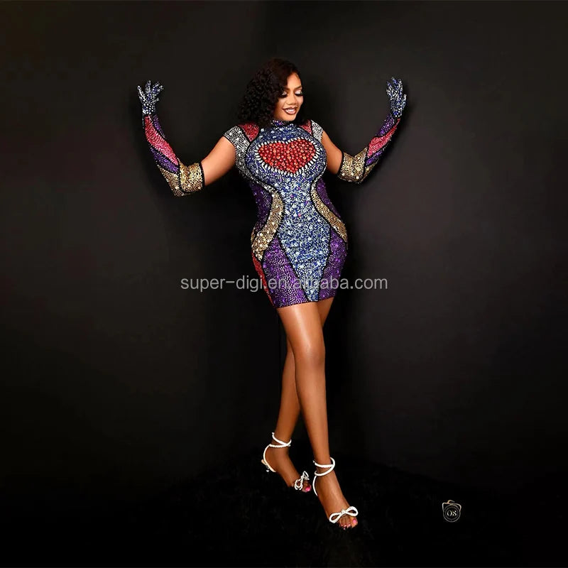 Luxury Colored Gem Summer Ladies Dinner Dresses Red Heart Mini Rainbow Dress With Gloves Party Singer Club Stage Dance Costume