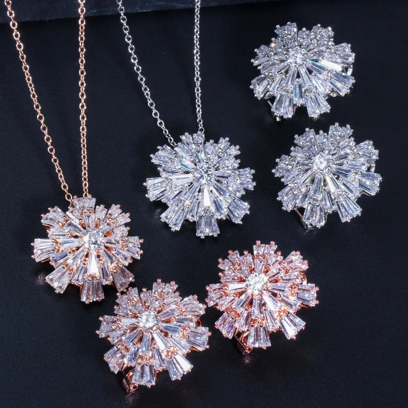 2022 Vivid Flower Ladies Jewelry Rose Gold Color Cubic Zirconia Paved Fashion Earrings and Bracelet Jewellery Sets for Women