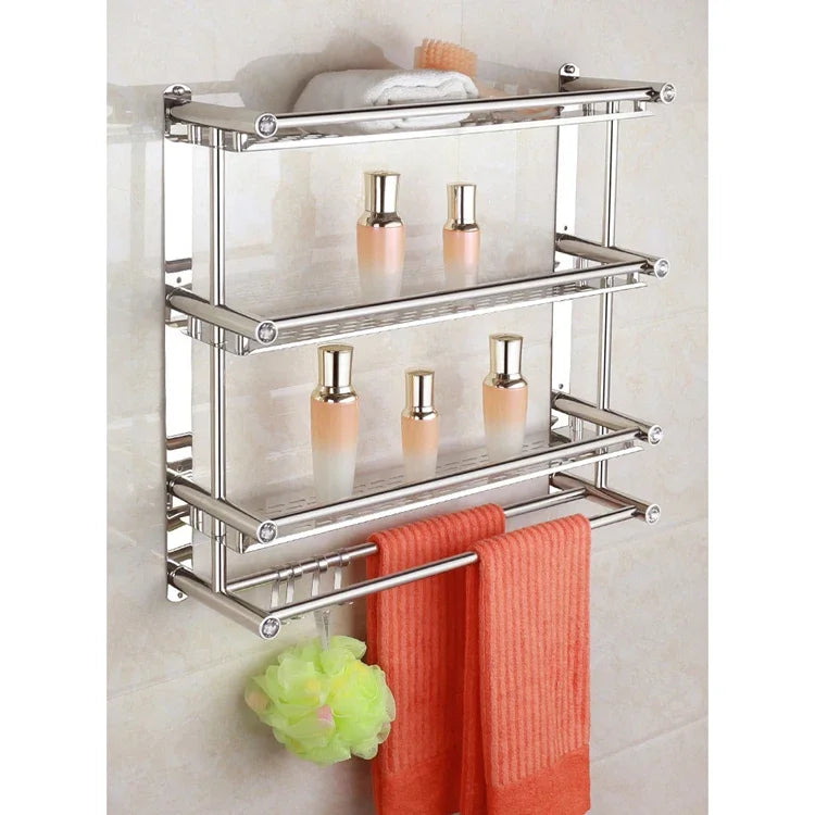3-Tier Stainless Steel Hanging Bathroom Shelf with Lacther Technique Double Use for Towels and Flower Pots