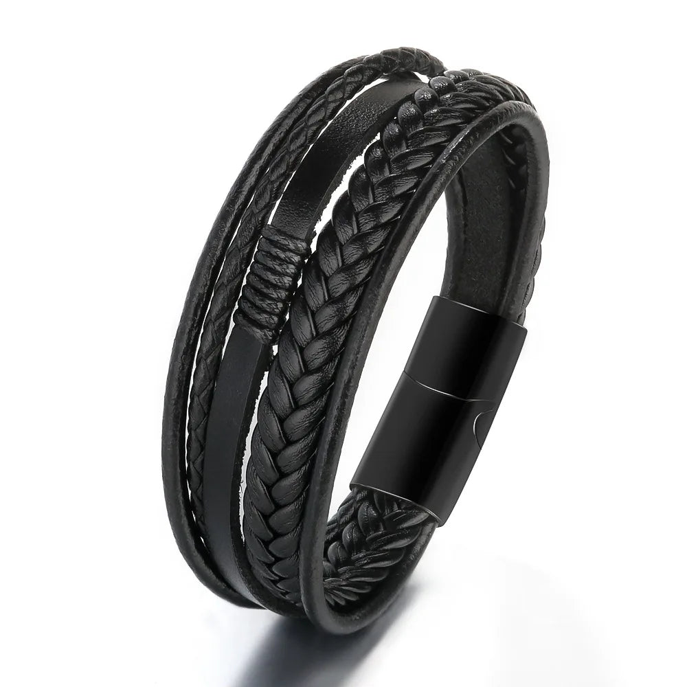High Quality Men's Multilayer Leather Braided Bracelet with Stainless Steel Magnet Buckle New Fashion Charm Bracelet