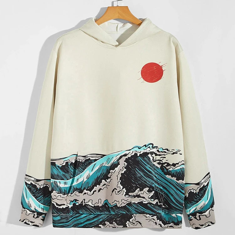 Streetwear Hoodies 2021 Mens Sun Waves Landscape Print Japanese Style Daily Pullover Hoodie With Kangaroo Pocket