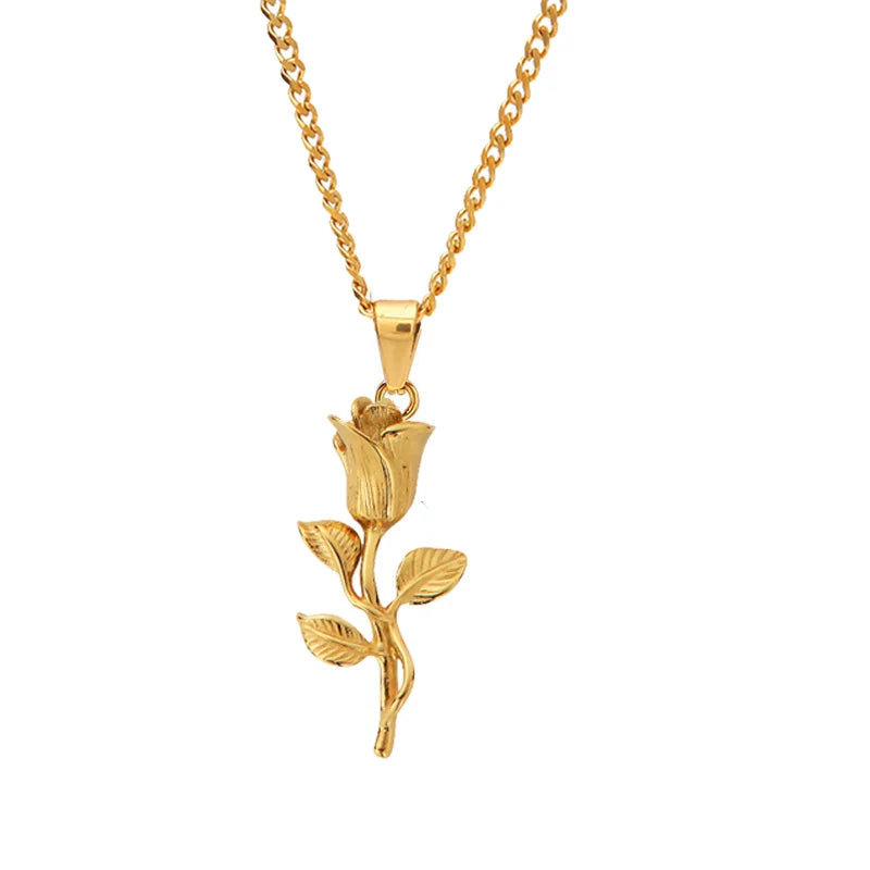 Vintage Jewelry Rose Necklace PVD 18k Gold Plated Waterproof Rose Flower Necklaces for Women Men Stainless Steel Compass Charm