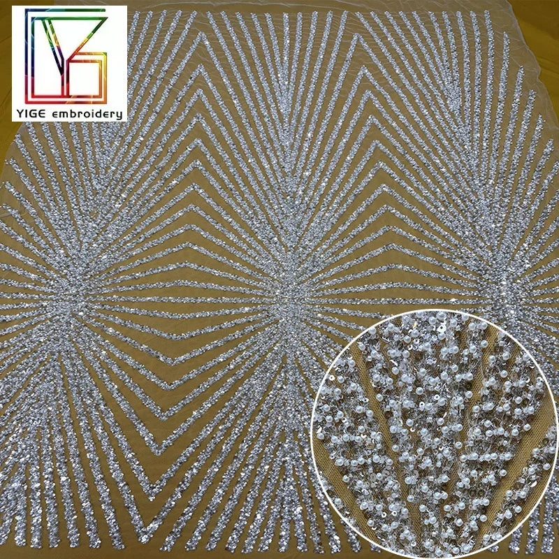 Luxury Women Wedding Bridal Beads Fabric White Tulle Beaded Embroidered Fabrics Glitter Wedding Dress Pearls Lace Fabric