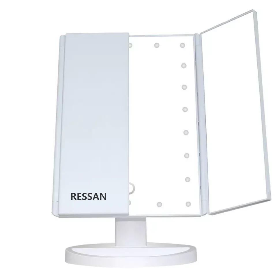 Trifold Smart Makeup Table Mirror with Magnification Lighted Cosmetic Trifold Smart Mirror with Lights Makeup Table Mirror