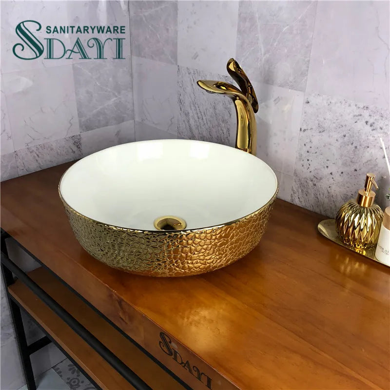 SDAYI Small Size Ceramic Golden crocodile Design Wash Basin Modern Sinks for Bathroom
