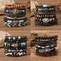 Bohemian Multi-Layered Handmade Braided Leather Bracelet Set for Men Vintage Turquoise Leather Bangles with Feather