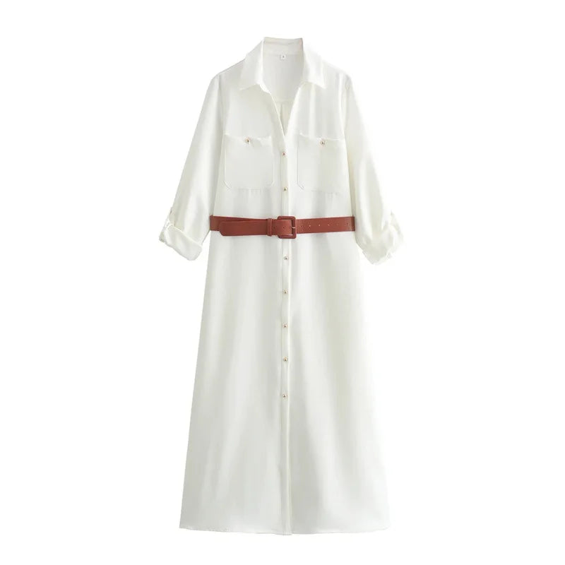 Wholesale New Autumn Middle Sleeve Midi Shirt Dresses for Women With Belt White Dress Women Elegant
