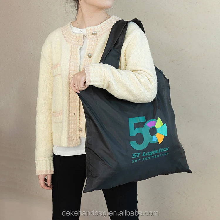 Custom Promotional Cheap Printed Logo RPET Polyester Nylon Black Foldable Grocery Tote Bag Folding Shopping Bag