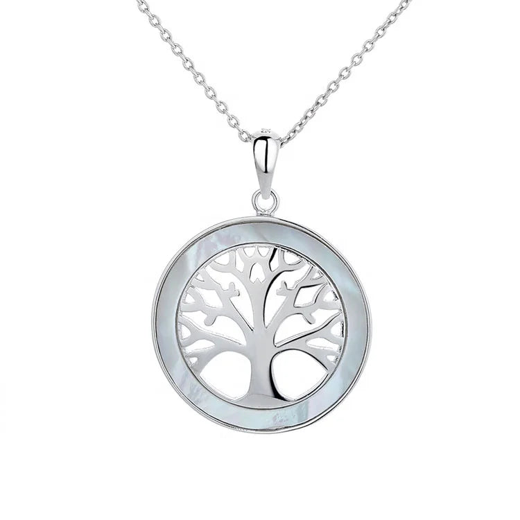 Pure Silver 925 Tree of Life Pendant Necklace with Shell Set Charm Jewelry for Women