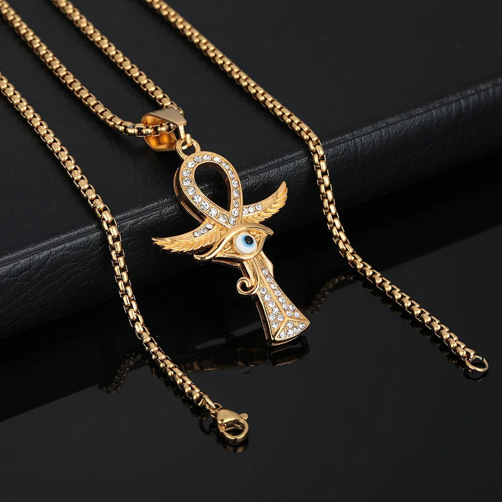 Vintage Exquisite 925 Silver Hip Hop Eye of Horus Ankh Pendant for Women Gold Plated with Zircon for Engagement Wedding Gift
