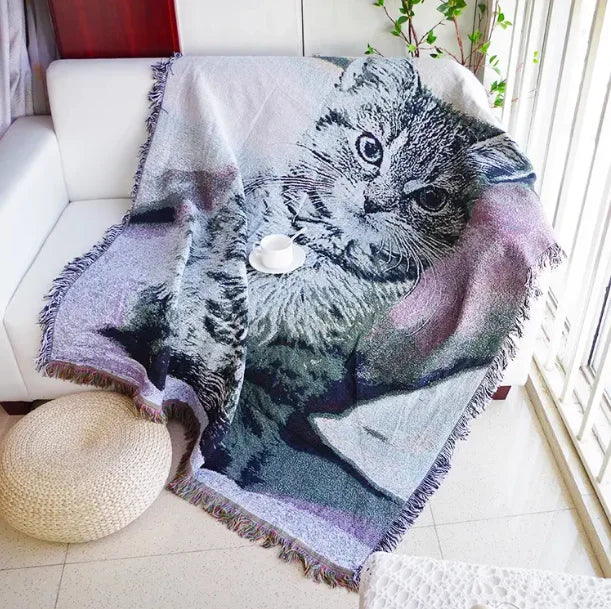 Jacquard Cat Plant Towel Full Cover Black White Floral Festival Joyous Wind Thread Woven Four Seasons Anti-Pilling Blanket for