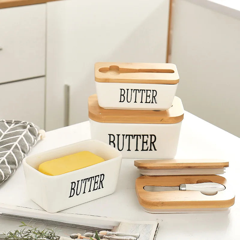 2025 Ceramic Butter Box Butter Storage Container Butter Dish With Knife and Seal Bamboo Lid Container