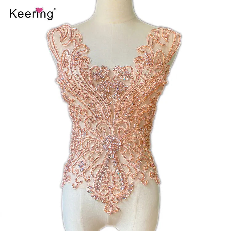 Top Sales Elegant Ladies Crystal Patch pink Bodice Rhinestone Applique for Formal Dress Ball Gown WDP-392