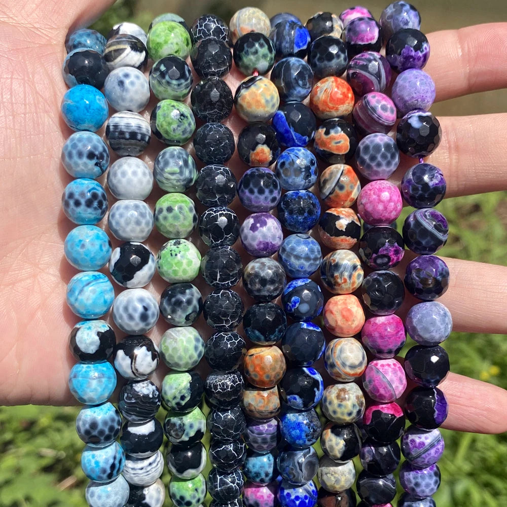 6mm/8mm/10mm Natural Faceted Round Colorful Tibetan Dzi Fire Agate Loose Stone Beads for Jewelry Making Findings DIY Bracelets