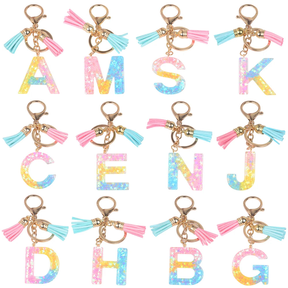 Stock Color Letter Initial Key Chain Fringe Pendant Key Ring Handbag Ladies Resin Letter Key Chain