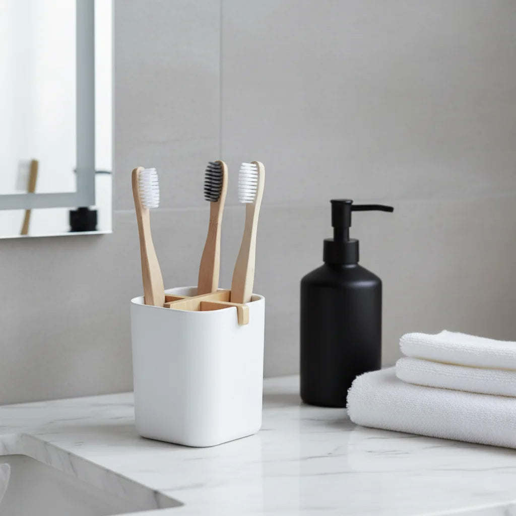 Bamboo Wood Toothbrush Holder Resin Kid Toothbrush Cups with Removable Combination Dividers
