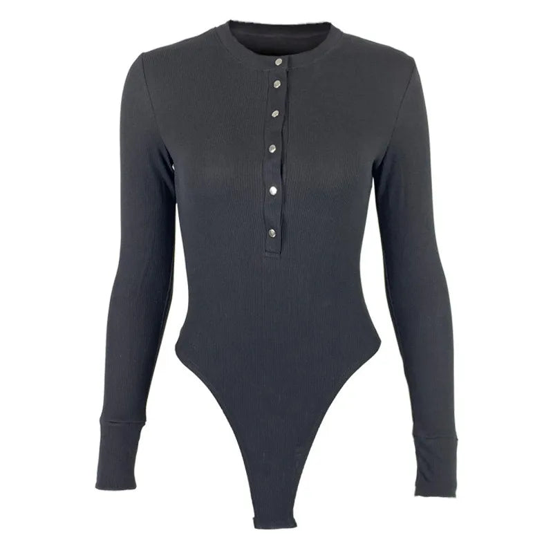 Women Clothing White Black Soft Cotton Ribbed Long Sleeve Front Button Compression Bodysuits