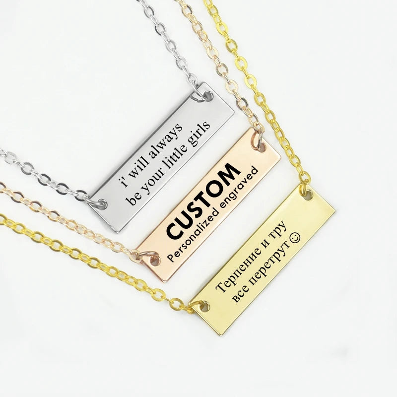 Custom Bar Necklace Engraved Logo Text Rectangular Stainless Steel Pendant Jewelry for Women As Personalise Birthday Gift