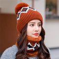Two Pieces Warm Knitted Acrylic Hat and Scarf Sets Lady Winter Cycling Cap Beanies With Fleece Inside