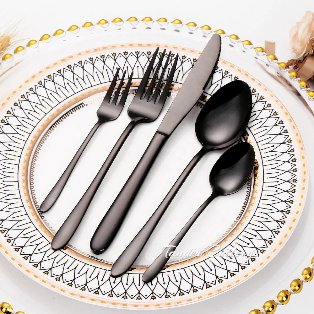Popular Sell Black Cutlery Dinnerware Set Forks and Spoons Silver Flatware Set