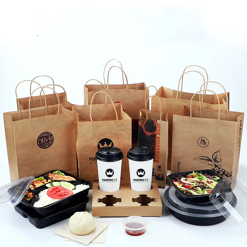 Carry Out Bags Restaurant Fast Food Grade Biodegradable Takeaway Shopping Custom Printed Store Brown Kraft Paper Bag