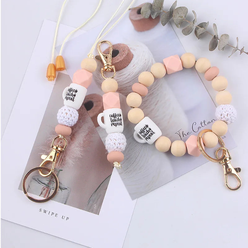 Handmade Brown Silicone Bead Simple Keychain New Fashionable Teacher Keychain Metal Pendant Gift for Her Coffee Mug Jewelry Bag