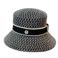 Unisex Mesh Woven Bucket Hat Breathability Black and White Intertwine Braid Paper Straw Hat With Fabric Band With Letter