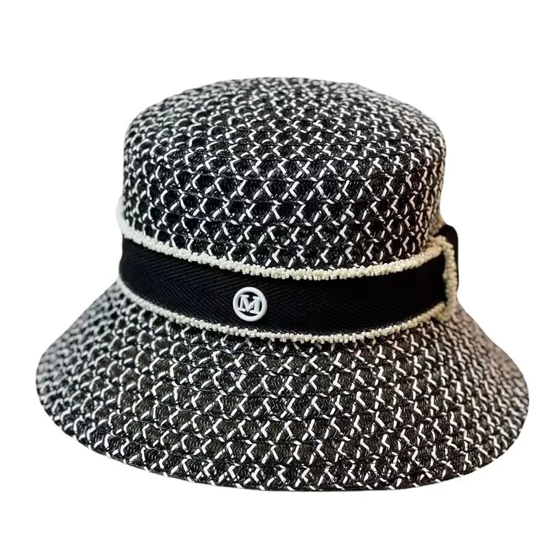 Unisex Mesh Woven Bucket Hat Breathability Black and White Intertwine Braid Paper Straw Hat With Fabric Band With Letter